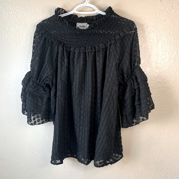 WoWo Black Whimsigoth Swiss Dot Smocked Neck Ruffle Sleeve Blouse Size 1X - Picture 1 of 7